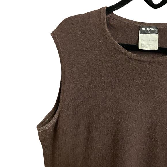 Vintage Chanel Pure Cashmere Dark Brown Rhinestone Logo Tank 48 / US 16 AS IS - Picture 7 of 13
